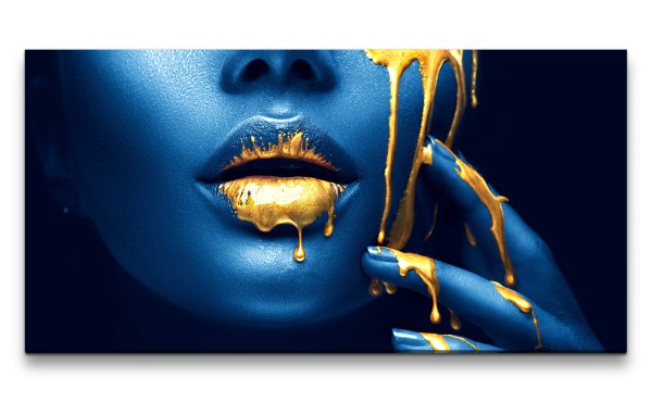 Leinwandbild 120x60cm Schöne Frau volle Lippen fließendes Gold Kunstvoll Blau