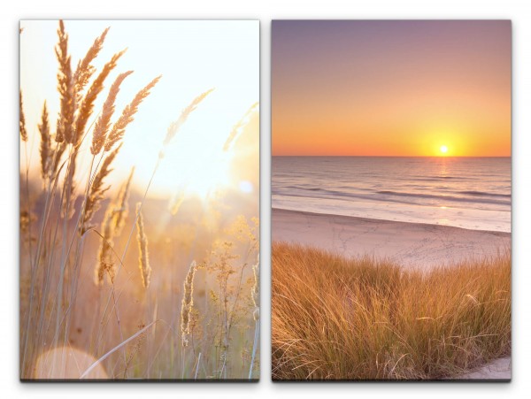 2 Bilder je 60x90cm Stranddünen Weizen Sommer Meer Sonnenuntergang Sonnenschein Erholsam