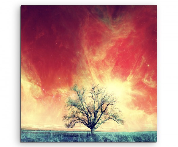 Künstlerische Fotografie – Rote Alienlandschaft mit Baum auf Leinwand
