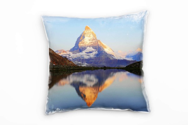 Seen, blau, braun, Berg, Spiegelung, Sonnenaufgang Deko Kissen 40x40cm für Couch Sofa Lounge Zierkis