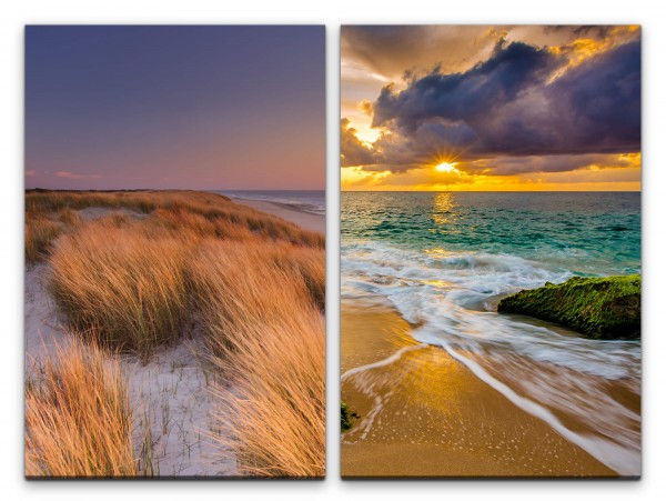 2 Bilder je 60x90cm Stranddünen Meer Sand Horizont Sonnenuntergang Abenddämmerung Entspannend