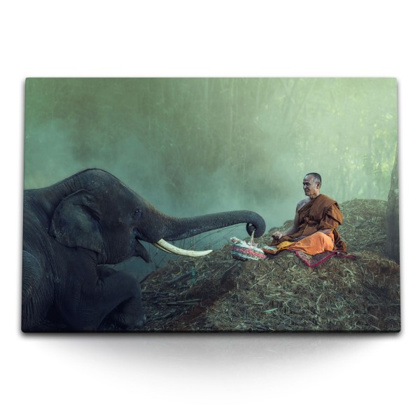 120x80cm Wandbild auf Leinwand Thailand Dschungel Mönch Elefant Natur
