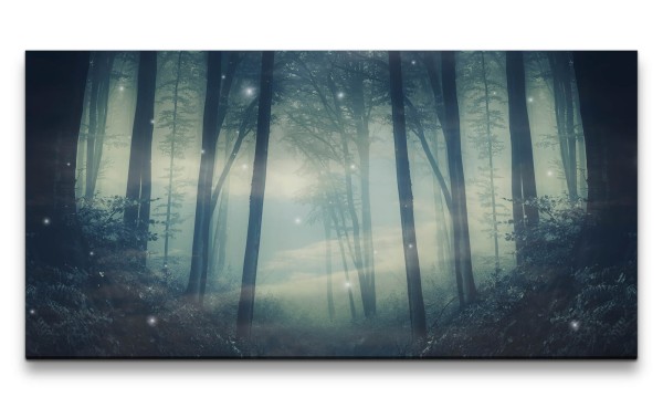 Leinwandbild 120x60cm Wald Glühwürmer Zauberhaft Natur Nebel Zauberhaft