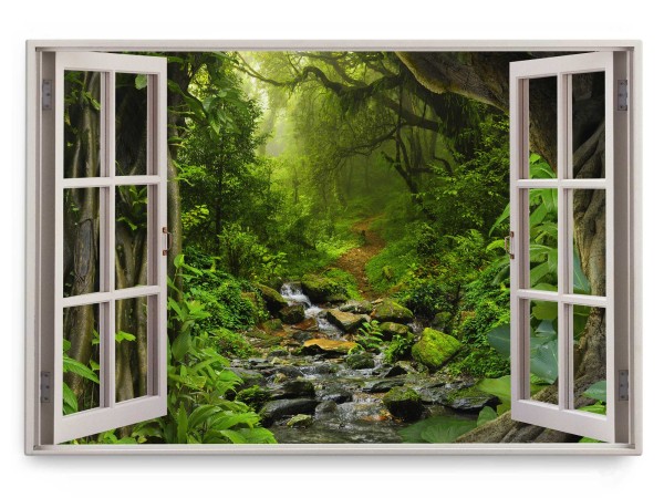 Wandbild 120x80cm Fensterbild Wald Bach Grün Natur Fluss Bäume
