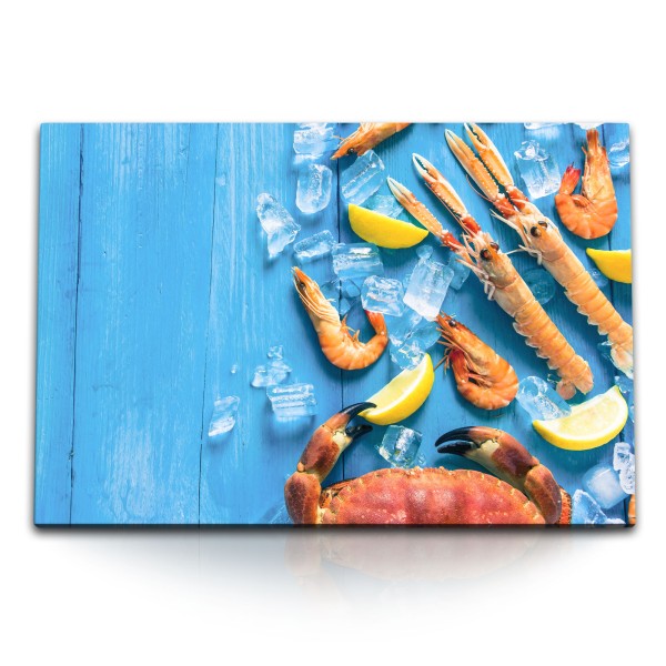 120x80cm Wandbild auf Leinwand Küchenbild Shrimps Krabbe Garnelen Blau