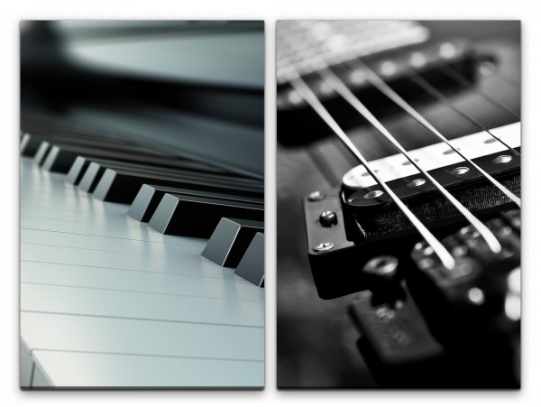 2 Bilder je 60x90cm Schwarz Weiß Piano Klaviertasten Gitarre Gitarrensaiten Musik