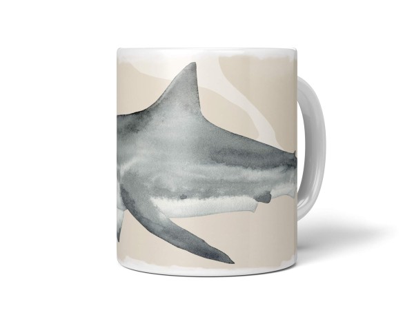 Dekorative Tasse mit schönem Motiv weißer Hai Wasserfarben Aquarell Pastellton Kunstvoll