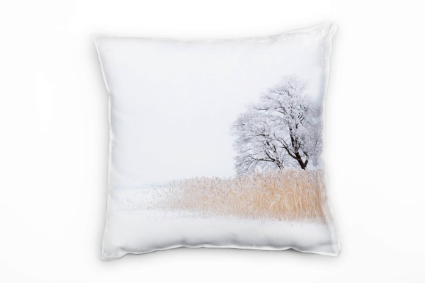 Winter, weiß, braun, zugefrorener See, Schilf Baum Deko Kissen 40x40cm für Couch Sofa Lounge Zierkis
