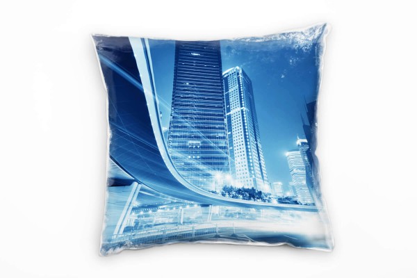 Urban und City, blau, Lichtlinien, Shanghai, Nacht Deko Kissen 40x40cm für Couch Sofa Lounge Zierkis