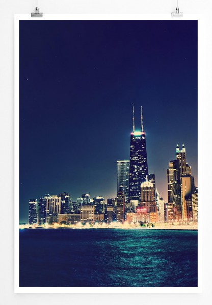 Urbane Fotografie 60x90cm Poster Skyline von Chicago bei Nacht