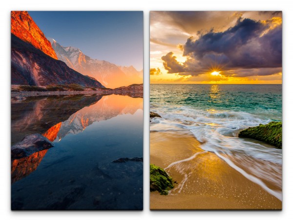 2 Bilder je 60x90cm Gebirge Bergsee Horizont Ozean Wolken Sonnenuntergang Stille