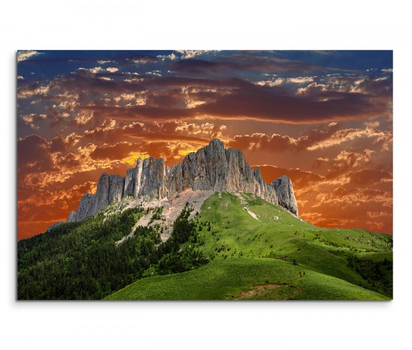 120x80cm Wandbild Kaukasus Gebirge Wiesen Abendrot