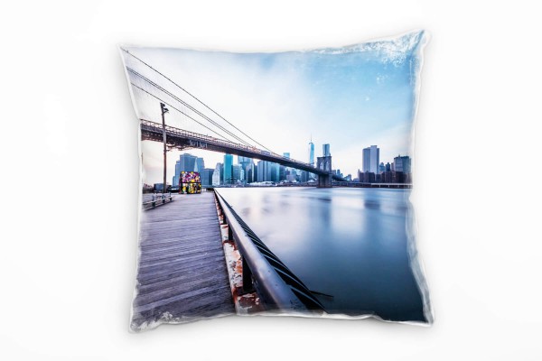 City, New York, Manhattan, Brücke, blau, braun Deko Kissen 40x40cm für Couch Sofa Lounge Zierkissen