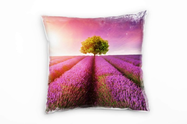 Blumen, lila, rosa, Lavendelfeld, ein Baum, Sonne Deko Kissen 40x40cm für Couch Sofa Lounge Zierkiss