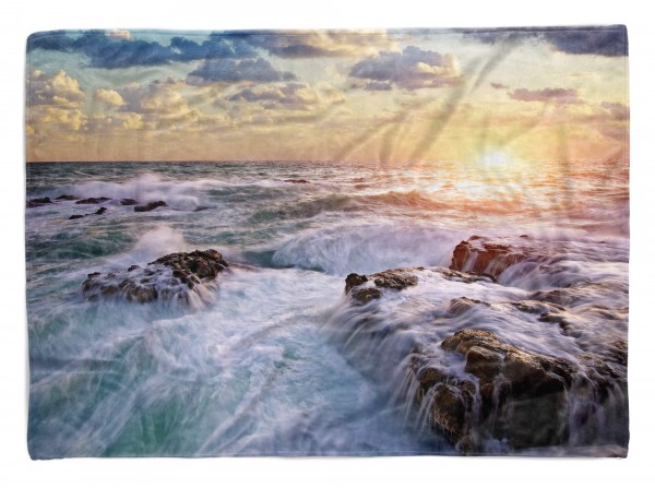 Handtuch Strandhandtuch Saunatuch Kuscheldecke mit Fotomotiv Felsen Meer Wellen