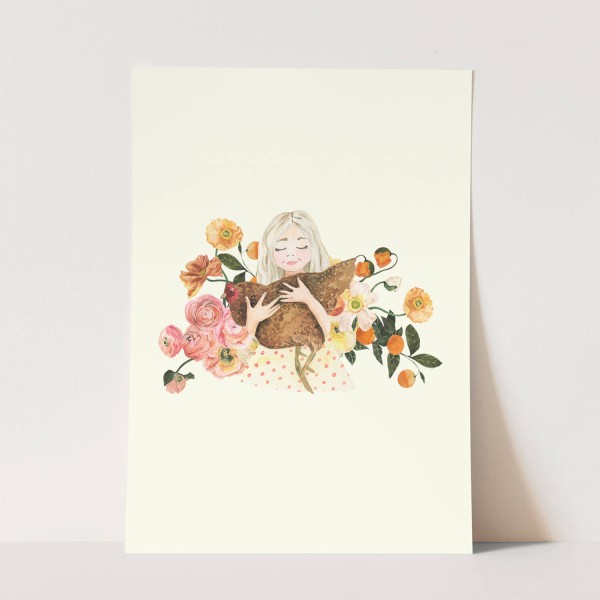Wandbild Tier Motiv kleines Mädchen mit Huhn Blumen Herzig Lieblich