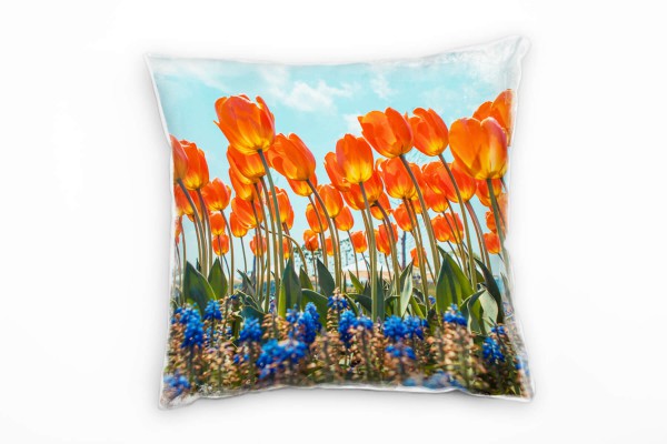 Blumen, blau, orange, Tulpen, Traubenhyazinthen Deko Kissen 40x40cm für Couch Sofa Lounge Zierkissen