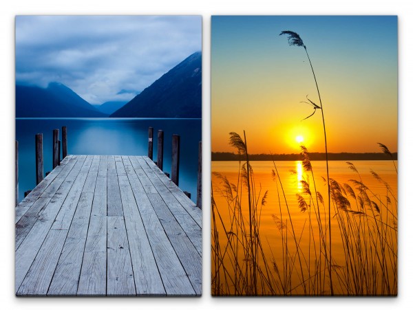 2 Bilder je 60x90cm Seesteg Alpen Bergsee klares Wasser Sonnenuntergang Romantisch Stille