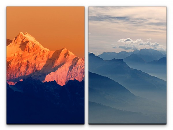 2 Bilder je 60x90cm Berglandschaft Berggipfel Himalaya roter Himmel Stille Majestätisch Meditation