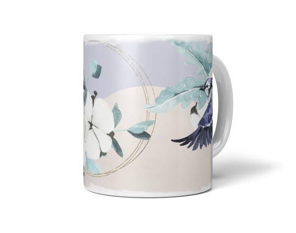 Dekorative Tasse mit schönem Vogel Motiv Sperlinge Blau Blumen Blüten Kunstvoll Einzigartig