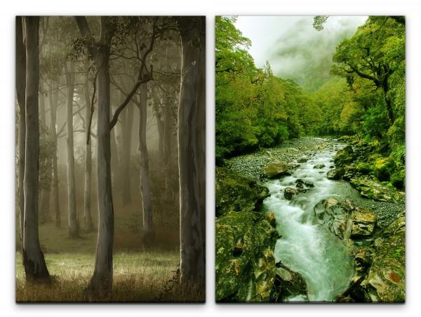 2 Bilder je 60x90cm Wald Natur Bach Grün Bäume Harmonie Stille