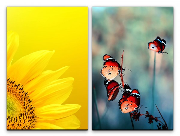 2 Bilder je 60x90cm Sonnenblume Gelb Schmetterlinge Sommer Nahaufnahme Frühling