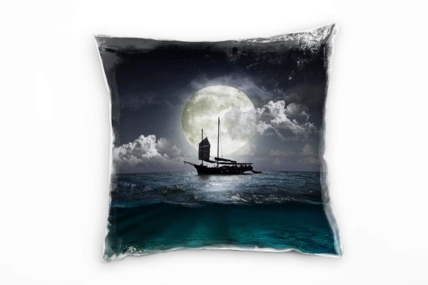 Meer, Abstrakt, schwarz, weiß, türkis, Piratenschiff, Mond Deko Kissen 40x40cm für Couch Sofa Lounge
