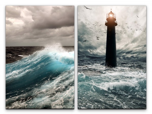 2 Bilder je 60x90cm Leuchtturm Wellen Stürmisch Sturm Ozean Naturgewalt Kraft