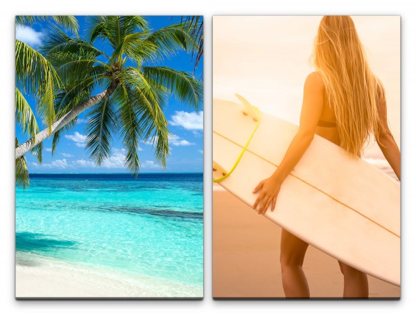 2 Bilder je 60x90cm Palme Karibik Surfen Bikini Traumfrau Sommer Traumurlaub