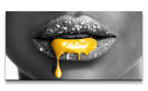 Leinwandbild 120x60cm Volle Frauen Lippen Glitzer Goldene Farbe Kunstvoll Sexy