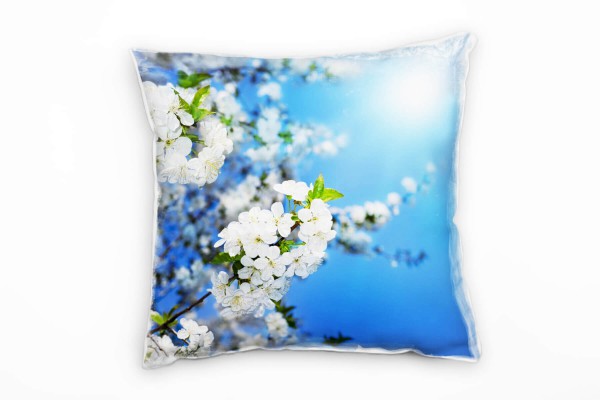 Blumen, weiß, blau, Frühling, Kirschblüten, Nah Deko Kissen 40x40cm für Couch Sofa Lounge Zierkiss