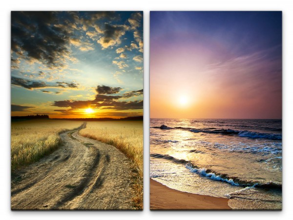2 Bilder je 60x90cm Weizenfeld Weg Horizont Sonnenuntergang Ozean Strand Wolken