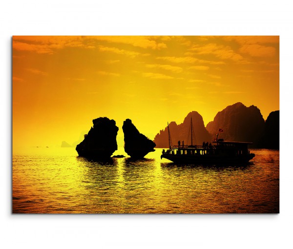120x80cm Wandbild Vietnam Halong Bay Felsen Segelboot Abendlicht