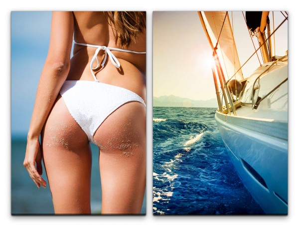 2 Bilder je 60x90cm Bikini Yacht Segeln Mittelmeer Sommer Urlaub Sexy