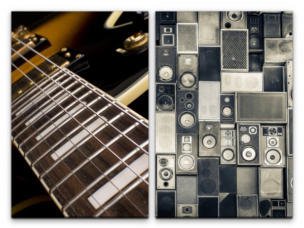 2 Bilder je 60x90cm Gitarre Musik alte Lautsprecher Musikboxen Vintage JBL 100l Bass