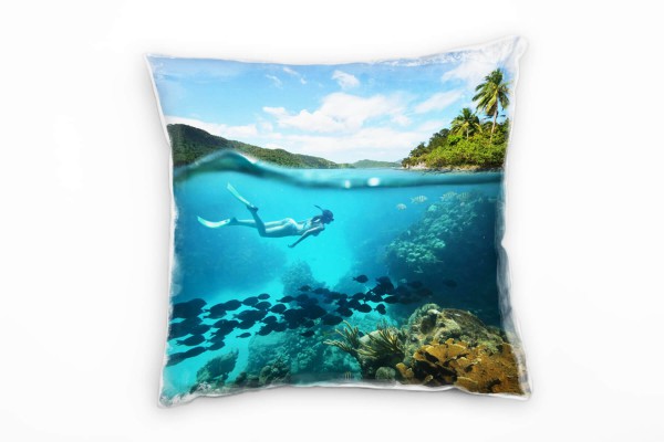 Meer, blau, grün, Frau taucht im Korallenriff Deko Kissen 40x40cm für Couch Sofa Lounge Zierkissen