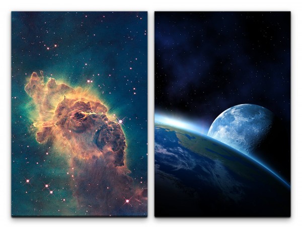 2 Bilder je 60x90cm Nebula Supernova Weltraum Erde Mond Universum Sterne