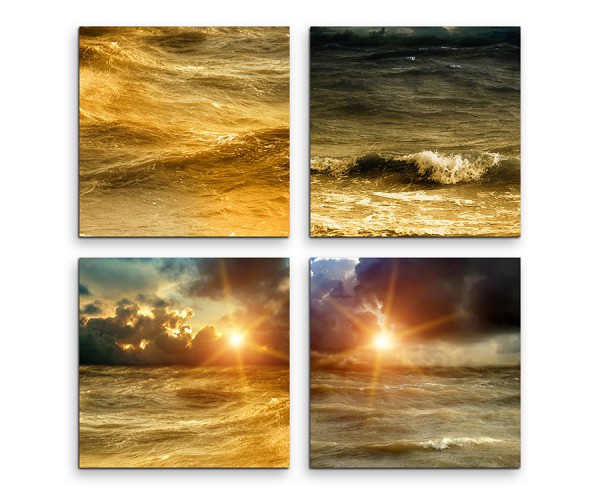 4 teiliges Leinwandbild je 30x30cm - Sonnenuntergang Meer Wasser Wellen Sommer