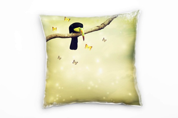 Illustration, Tukan, Ast, gelb, goldfarben, grün Deko Kissen 40x40cm für Couch Sofa Lounge Zierkisse