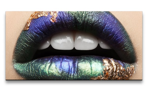 Leinwandbild 120x60cm Sexy Lippen Lippenstift Blattgold Dekorativ Metallic