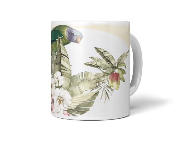 Dekorative Tasse mit schönem Vogel Motiv Wellensittich Exotisch Blumen Blüten Paradies