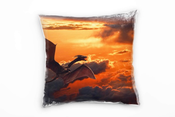 Illustration, orange, Drache im Sonnenuntergang Deko Kissen 40x40cm für Couch Sofa Lounge Zierkissen