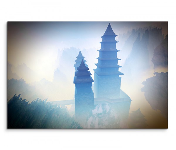 120x80cm Wandbild Buddhismus Tempel China Berge Nebel