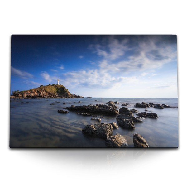 120x80cm Wandbild auf Leinwand Küste Meer Felsen Leuchtturm Horizont Ozean
