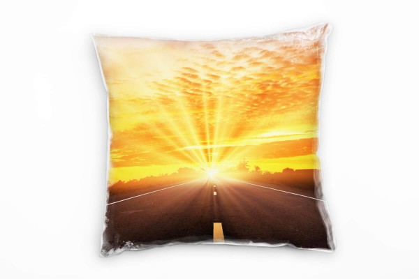 Landschaft, orange, Sonnenuntergang, Straße Deko Kissen 40x40cm für Couch Sofa Lounge Zierkissen