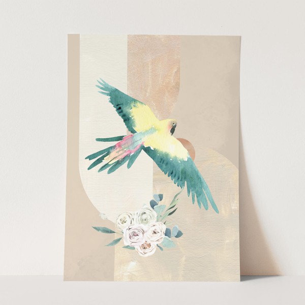 Vogel Motiv Papagei Blumen Blüten Blumenstrauß Vintage Pastellton