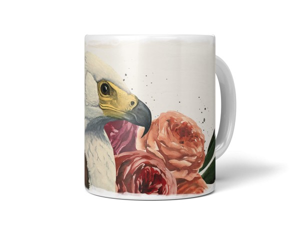 Dekorative Tasse mit schönem Vogel Motiv Weißkopfseeadler Blumen Blüten Vintage Kunstvoll