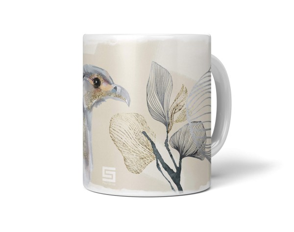 Dekorative Tasse mit schönem Vogel Motiv Kranich schönem Design Grautöne Kunstvoll Einzigartig