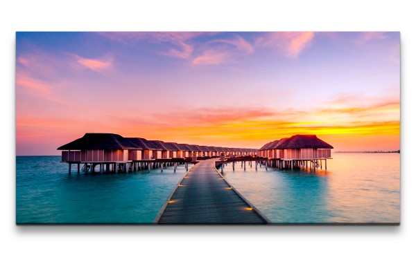Leinwandbild 120x60cm Malediven Traumurlaub Steg Sonnenuntergang Romantisch