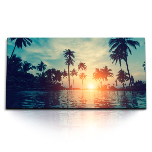 Kunstdruck Bilder 120x60cm Palmen Sonnenuntergang Meer Paradies Süden